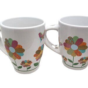 vintage trisa patchwork quilt flower design stoneware 10oz. coffee cups.
